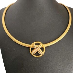 Vintage Gold Tone Snake Chain Collar Necklace w/ Rhinestone X Pendant 19"